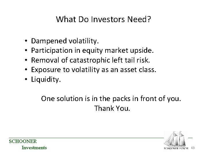 What Do Investors Need? • • • Dampened volatility. Participation in equity market upside. What Do Investors Need? • • • Dampened volatility. Participation in equity market upside.