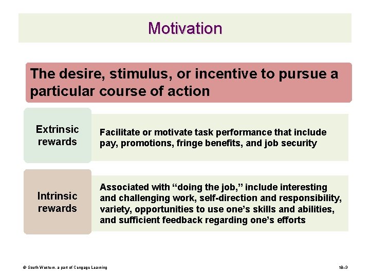 Motivation The desire, stimulus, or incentive to pursue a particular course of action Extrinsic