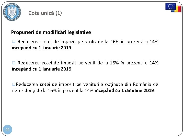 Cota unică (1) Propuneri de modificări legislative Reducerea cotei de impozit pe profit de