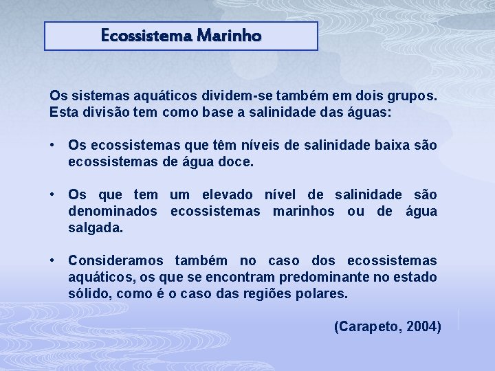 Ecossistema Marinho Os sistemas aquáticos dividem-se também em dois grupos. Esta divisão tem como