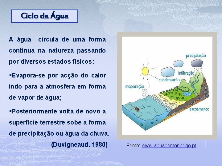 Ciclo da Água A água circula de uma forma continua na natureza passando por