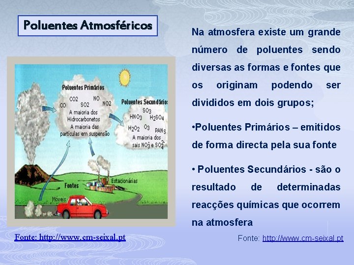 Poluentes Atmosféricos Na atmosfera existe um grande número de poluentes sendo diversas as formas