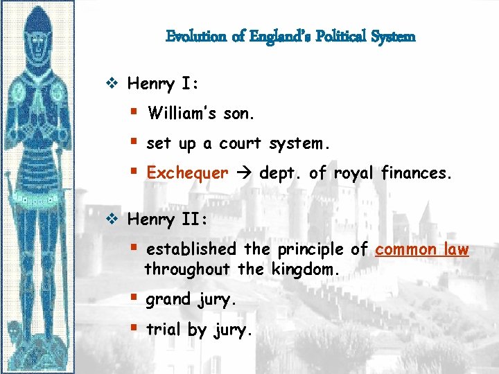 Evolution of England’s Political System v Henry I: § William’s son. § set up Evolution of England’s Political System v Henry I: § William’s son. § set up