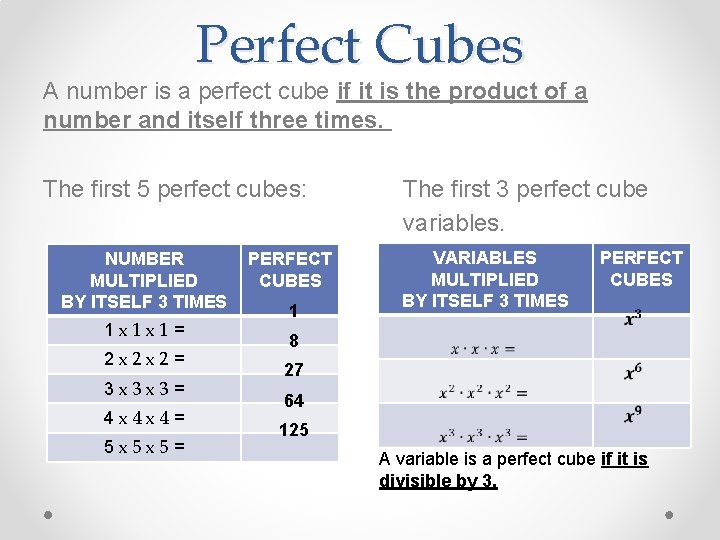Perfect Cubes A number is a perfect cube if it is the product of