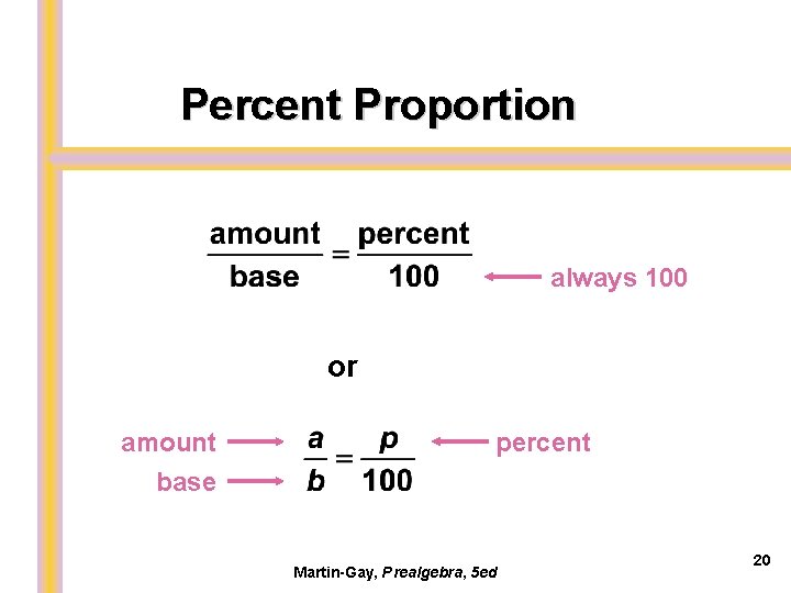 Percent Proportion always 100 or amount base percent Martin-Gay, Prealgebra, 5 ed 20 