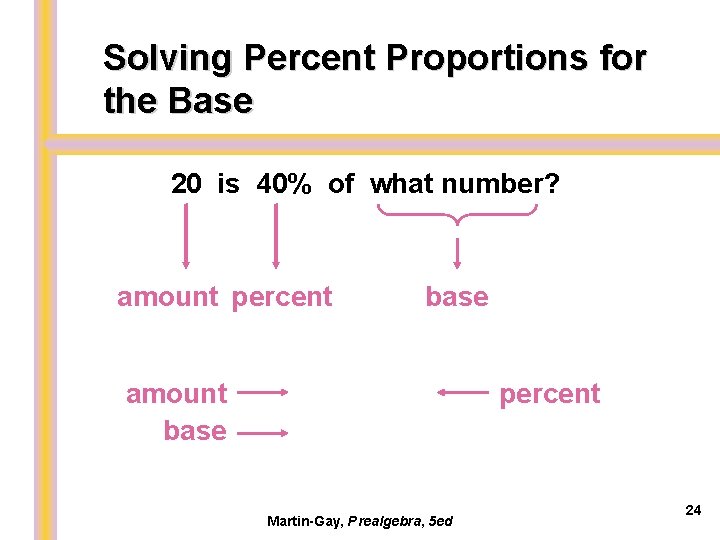 Solving Percent Proportions for the Base 20 is 40% of what number? amount percent
