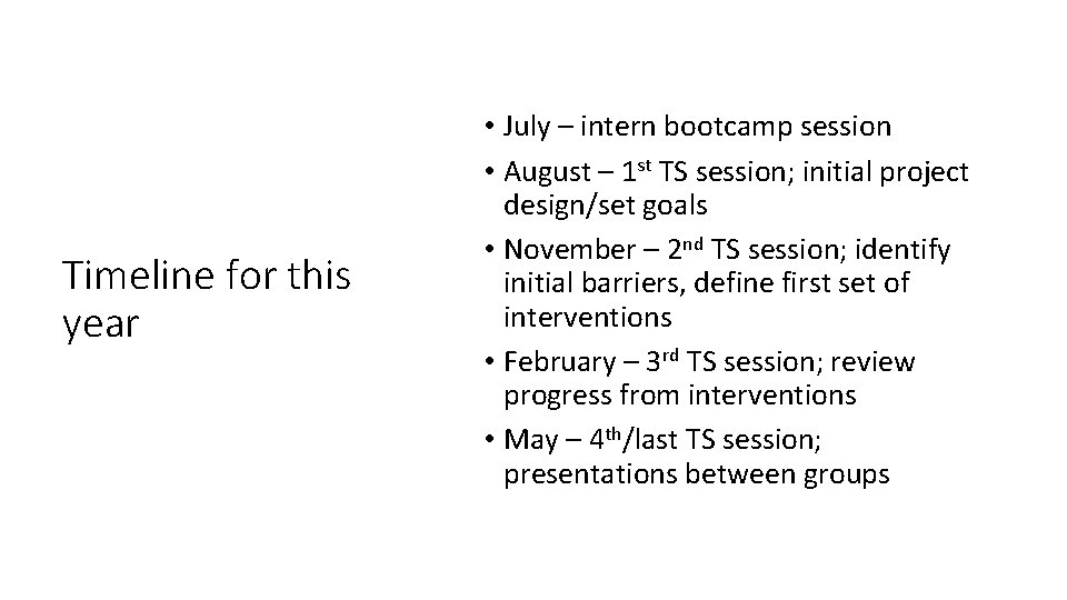 Timeline for this year • July – intern bootcamp session • August – 1 Timeline for this year • July – intern bootcamp session • August – 1