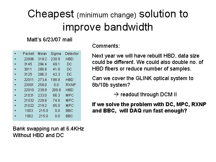 Cheapest (minimum change) solution to improve bandwidth Matt’s 6/23/07 mail Comments: • • •