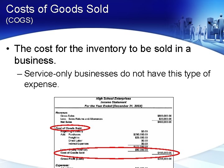 Costs of Goods Sold (COGS) • The cost for the inventory to be sold