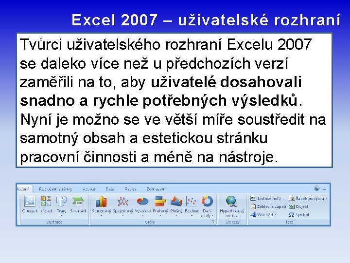 Excel 2007 – uživatelské rozhraní Tvůrci uživatelského rozhraní Excelu 2007 se daleko více než