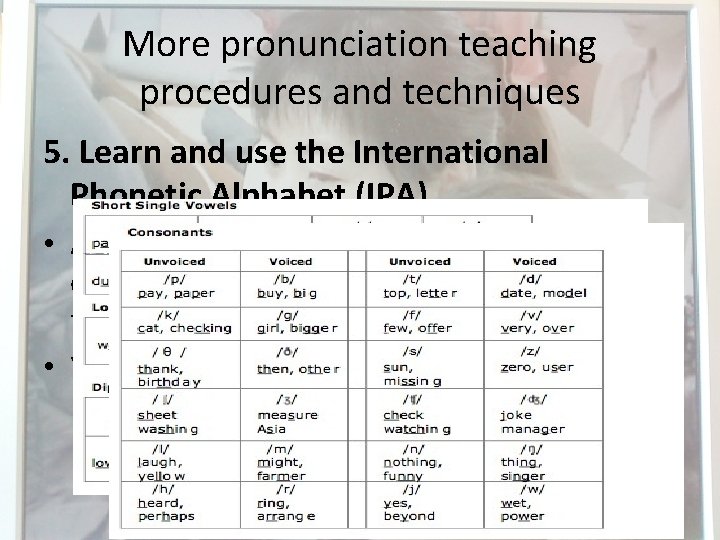More pronunciation teaching procedures and techniques 5. Learn and use the International Phonetic Alphabet
