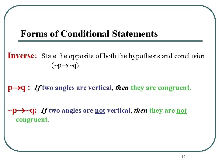 Forms of Conditional Statements Inverse: State the opposite of both the hypothesis and conclusion.