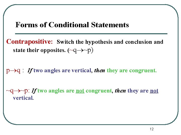 Forms of Conditional Statements Contrapositive: Switch the hypothesis and conclusion and state their opposites.
