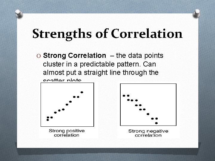 Strengths of Correlation O Strong Correlation – the data points cluster in a predictable