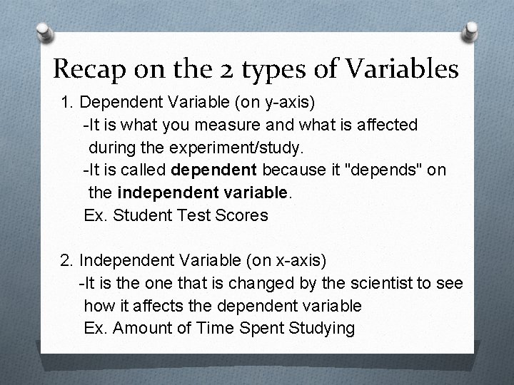 Recap on the 2 types of Variables 1. Dependent Variable (on y-axis) -It is