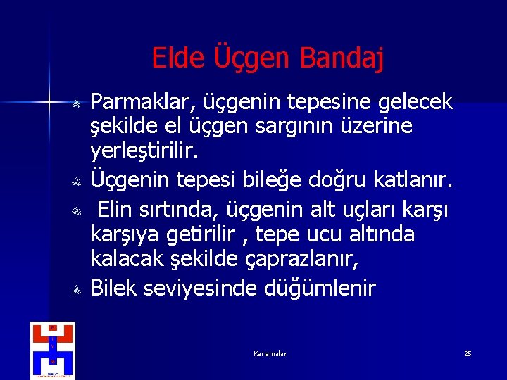 Elde Üçgen Bandaj Parmaklar, üçgenin tepesine gelecek şekilde el üçgen sargının üzerine yerleştirilir. Üçgenin