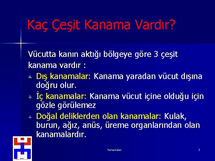 Kaç Çeşit Kanama Vardır? Vücutta kanın aktığı bölgeye göre 3 çeşit kanama vardır :