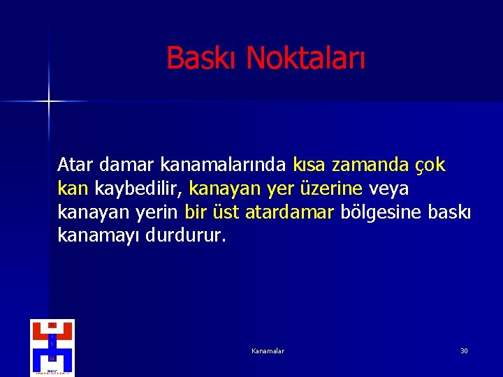 Baskı Noktaları Atar damar kanamalarında kısa zamanda çok kan kaybedilir, kanayan yer üzerine veya