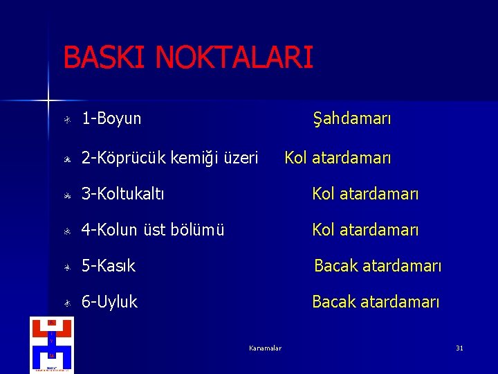 BASKI NOKTALARI 1 -Boyun Şahdamarı 2 -Köprücük kemiği üzeri Kol atardamarı 3 -Koltukaltı Kol