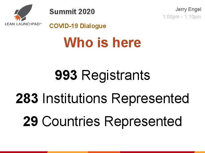 Summit 2020 Jerry Engel 1: 00 pm - 1: 10 pm COVID-19 Dialogue Who