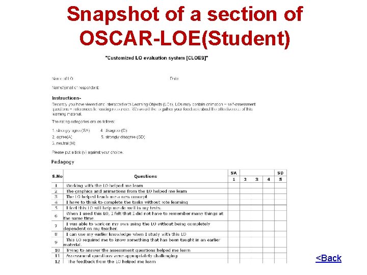 Snapshot of a section of OSCAR-LOE(Student) <Back 