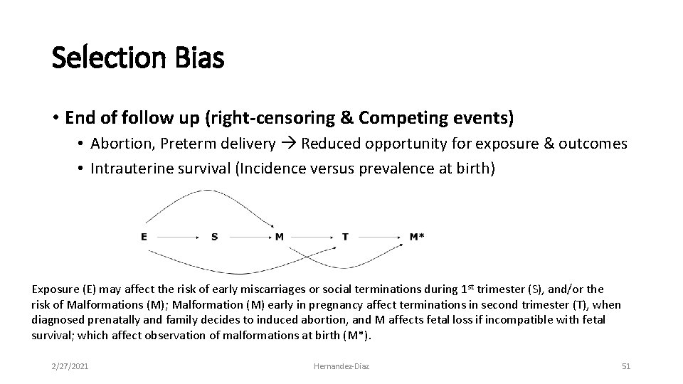 Selection Bias • End of follow up (right-censoring & Competing events) • Abortion, Preterm