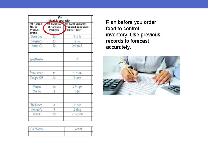 Plan before you order food to control inventory! Use previous records to forecast accurately.