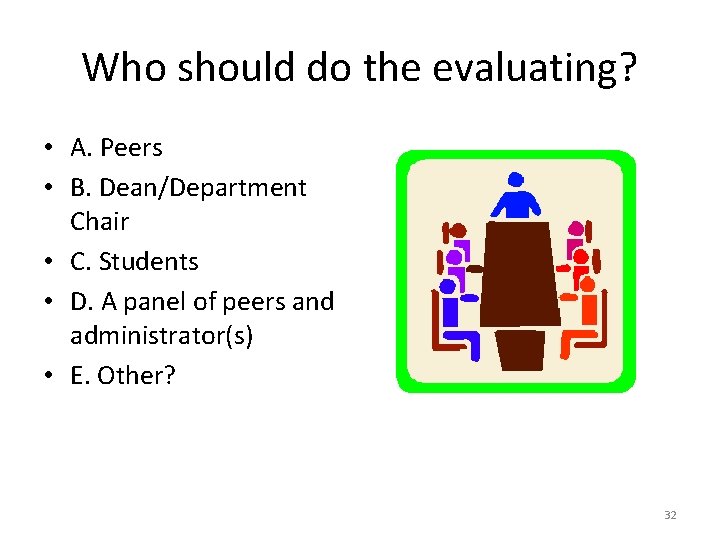 Who should do the evaluating? • A. Peers • B. Dean/Department Chair • C.