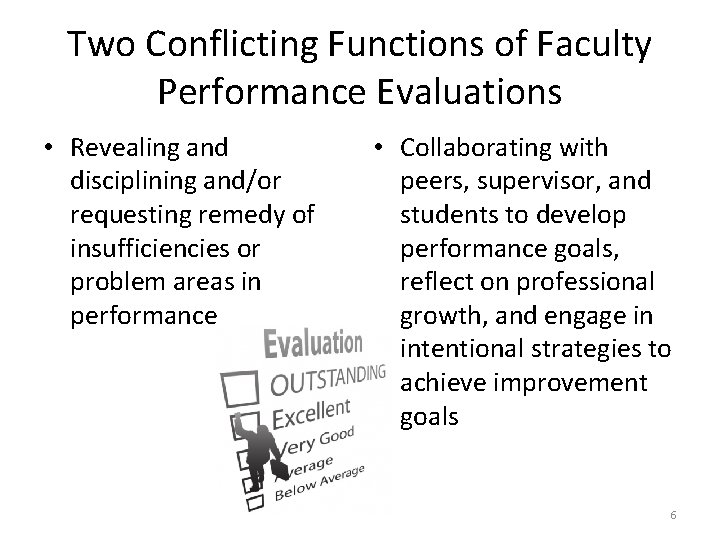 Two Conflicting Functions of Faculty Performance Evaluations • Revealing and disciplining and/or requesting remedy