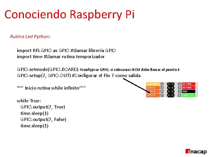 Conociendo Raspberry Pi Rutina Led Python: import RPi. GPIO as GPIO #Llamar librería GPIO