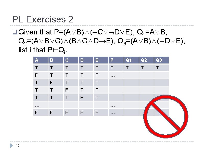 PL Exercises 2 q Given that P=(A∨B)∧( C∨ D∨E), Q 1=A∨B, Q 2=(A∨B∨C)∧(B∧C∧D→E), Q PL Exercises 2 q Given that P=(A∨B)∧( C∨ D∨E), Q 1=A∨B, Q 2=(A∨B∨C)∧(B∧C∧D→E), Q