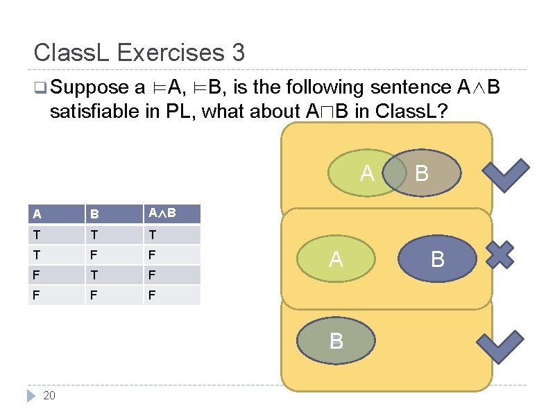 Class. L Exercises 3 q Suppose a ⊨A, ⊨B, is the following sentence A∧B Class. L Exercises 3 q Suppose a ⊨A, ⊨B, is the following sentence A∧B
