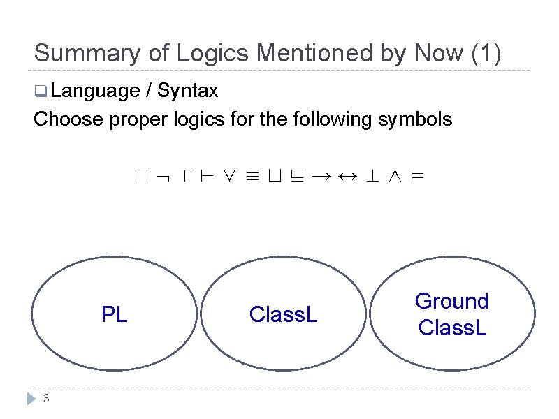 Summary of Logics Mentioned by Now (1) q Language / Syntax Choose proper logics Summary of Logics Mentioned by Now (1) q Language / Syntax Choose proper logics