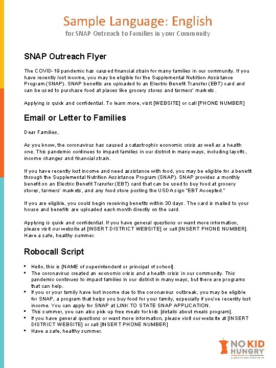 Sample Language: English for SNAP Outreach to Families in your Community SNAP Outreach Flyer