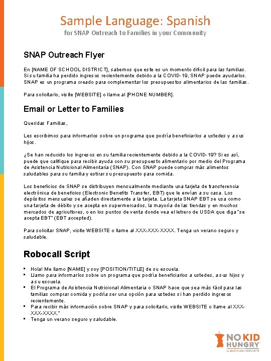 Sample Language: Spanish for SNAP Outreach to Families in your Community SNAP Outreach Flyer