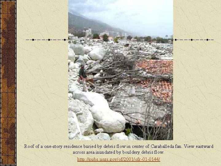 Roof of a one-story residence buried by debris flow in center of Caraballeda fan.