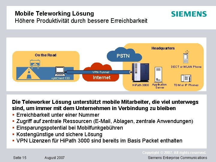 Mobile Teleworking Lösung Höhere Produktivität durch bessere Erreichbarkeit Headquarters PSTN On the Road DECT