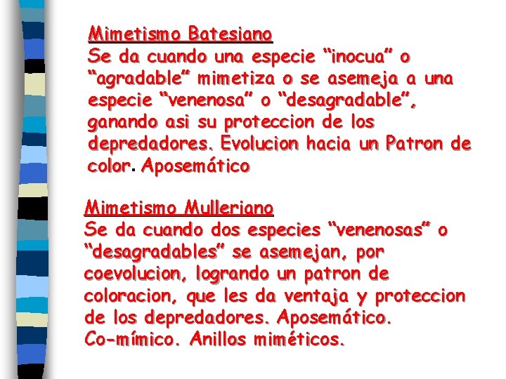 Mimetismo Batesiano Se da cuando una especie “inocua” o “agradable” mimetiza o se asemeja