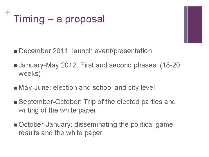 + Timing – a proposal n December 2011: launch event/presentation n January-May 2012: First