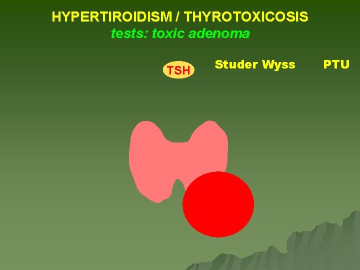 HYPERTIROIDISM / THYROTOXICOSIS tests: toxic adenoma TSH Studer Wyss T 4 PTU HYPERTIROIDISM / THYROTOXICOSIS tests: toxic adenoma TSH Studer Wyss T 4 PTU