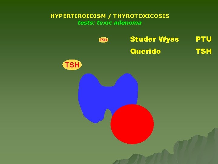 HYPERTIROIDISM / THYROTOXICOSIS tests: toxic adenoma TSH Studer Wyss PTU Querido TSH T 4 HYPERTIROIDISM / THYROTOXICOSIS tests: toxic adenoma TSH Studer Wyss PTU Querido TSH T 4