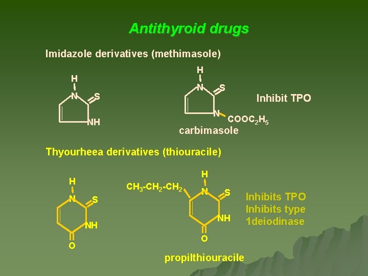 Antithyroid drugs Imidazole derivatives (methimasole) H H N N S NH S N Inhibit Antithyroid drugs Imidazole derivatives (methimasole) H H N N S NH S N Inhibit