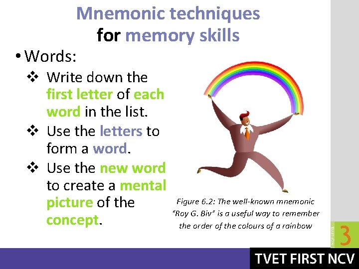 Mnemonic techniques for memory skills • Words: v Write down the first letter of