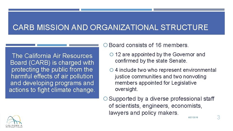 CARB MISSION AND ORGANIZATIONAL STRUCTURE Board consists of 16 members. The California Air Resources CARB MISSION AND ORGANIZATIONAL STRUCTURE Board consists of 16 members. The California Air Resources