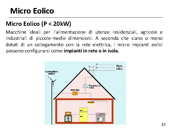 Micro Eolico (P < 20 k. W) Macchine ideali per l'alimentazione di utenze residenziali,