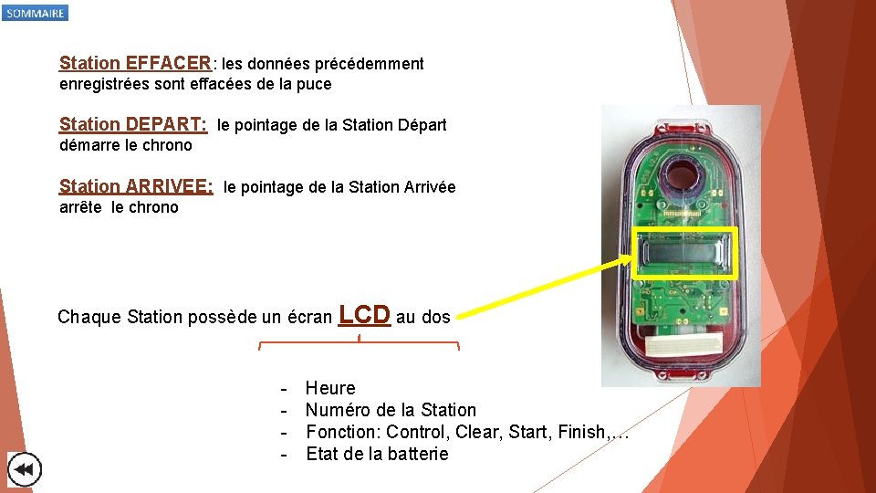 Station EFFACER: les données précédemment enregistrées sont effacées de la puce Station DEPART: le