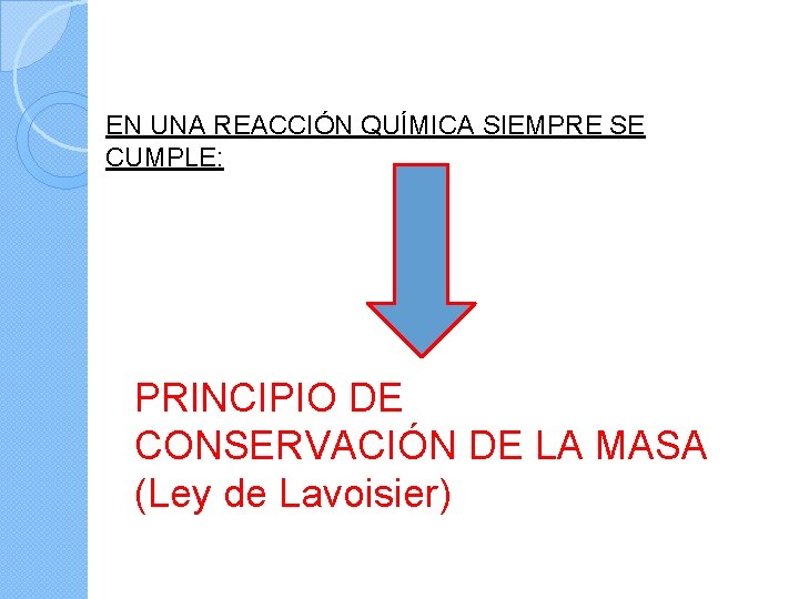 EN UNA REACCIÓN QUÍMICA SIEMPRE SE CUMPLE: PRINCIPIO DE CONSERVACIÓN DE LA MASA (Ley