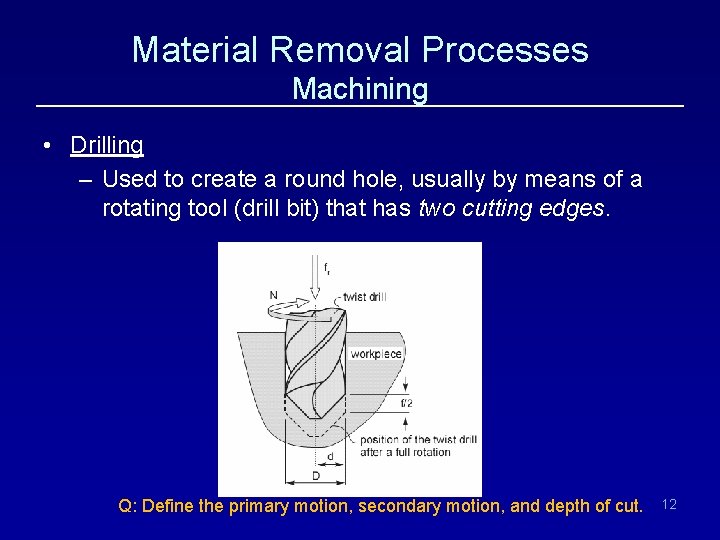 Material Removal Processes Machining • Drilling – Used to create a round hole, usually