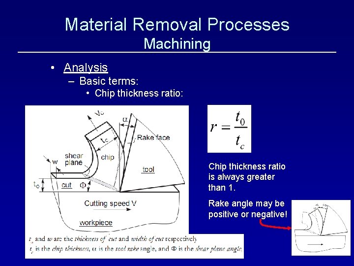 Material Removal Processes Machining • Analysis – Basic terms: • Chip thickness ratio: Chip