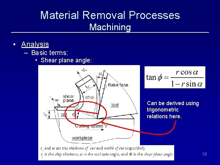 Material Removal Processes Machining • Analysis – Basic terms: • Shear plane angle: Can